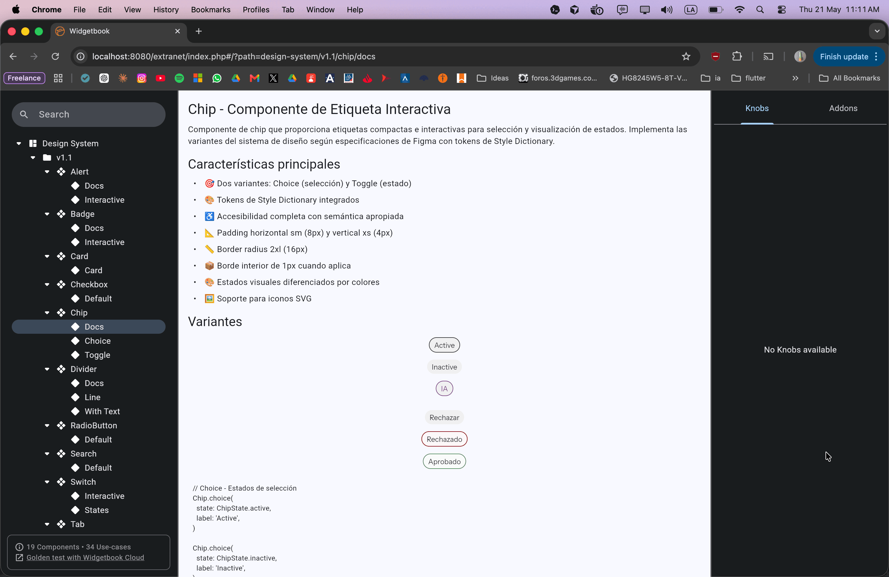 Página de documentación en Widgetbook para un componente chip con variantes y notas de tokens.
