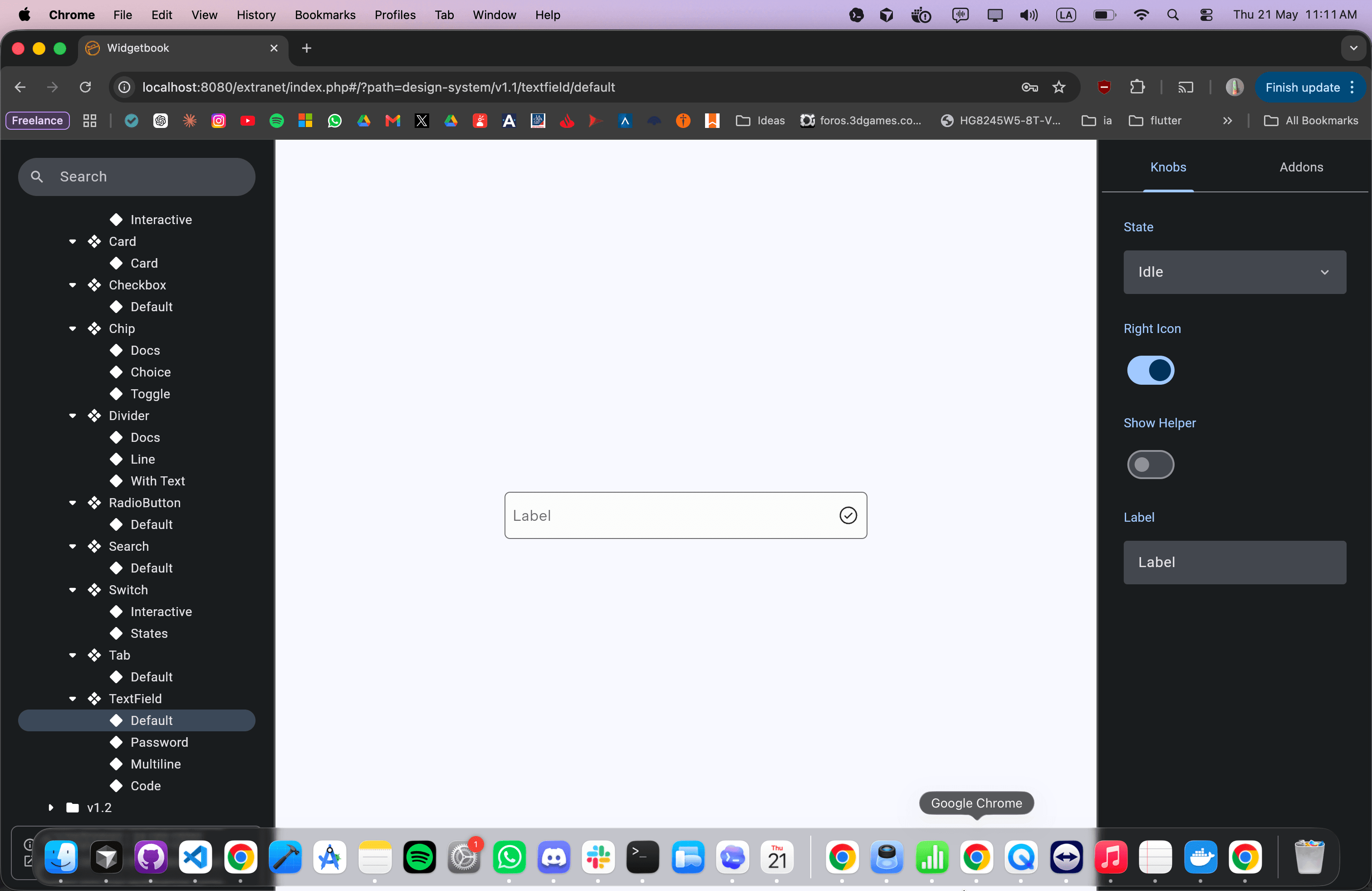 Widgetbook mostrando un componente text field con controles configurables de estado e íconos.